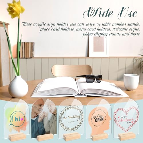 Image of Bercoor 5 Pack 5x7 Inch Blank Clear Arch Acrylic Sign with Wooden Stands, Arched Round Top Acrylic Sheet, DIY Acrylic Arch Table Numbers for DIY Name Card Gifts Event Party Sign Decoration