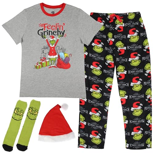 Dr. Seuss The Grinch Men's Feelin Grinchy 4-Piece Adult Holiday Lounge Sleep Gift Set with Pants T-Shirt Hat Socks