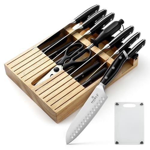 N NOBLE FAMILY Set of 16 Kitchen Knives with Block, Drawer Organizer, Sharpener, Cutting Board, Non-slip Chef Knives, 6 Steak Knives, Black