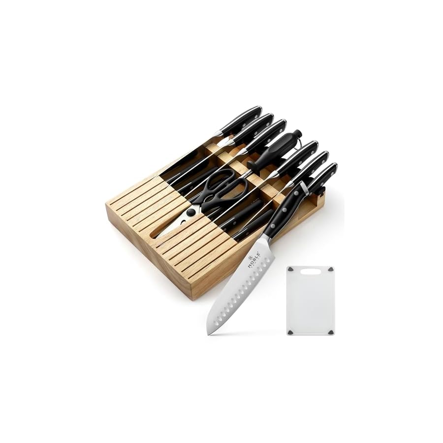 N NOBLE FAMILY Knife Set with Block, 16Pcs Kitchen Knives Drawer Organizer Set with Sharpener, Cutting Board, Anti-Slip Chef Knives Set with 6Pcs Steak Knives, Black