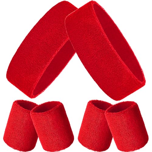 Image of Bememo 6 Pcs Neon Sports Sweatbands Set Sports Competitions Sweatbands 2 Headband 4 Wristbands Breathable Terry Cloth Athletic Bands for Team Soccer Spirit 80s Costumes Cosplay