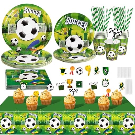 PYAILI Fútbol Party Tableware Set,Decoración de fiesta de cumpleaños de fútbol 20 invitados,Fútbol blanco y negro platos de papel vasos servilletas Decor para fiesta de cumpleaños | Ya disponible en tu tienda friki favorita! En mundofriki.es!