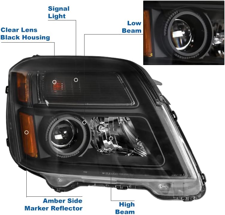 Projector Black Headlights Headlamps with 6.25" White LED DRL Lights For 2010-2015 GMC Terrain