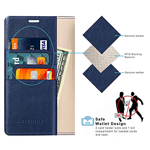 Belemay Compatible With Iphone 13 Pro Wallet Case, Protective Genuine Leather Flip With Rfid Blocking Card Holders [Undetachable Soft Interior Shell] Folio Cover For Men Women (6.1-Inch 2021) Navy #TOP3