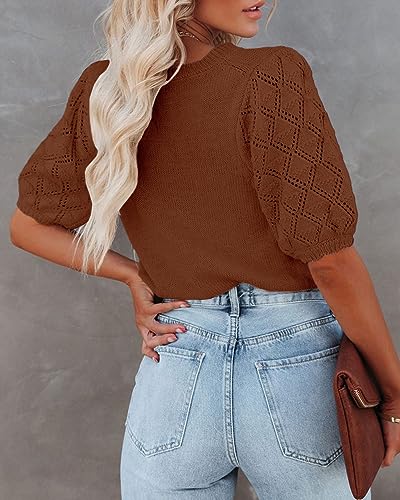 Image of Womens Short Sleeve Sweaters Crewneck Knit Pullover Tops 2025 Summer Casual Lightweight Crochet Blouse Shirt