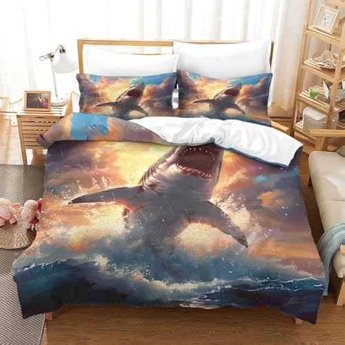 Housse de couette requin blanc douce et résistante avec fermeture éclair pour lit double