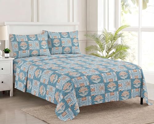 Image of Trance Home Linen 100% Cotton 144TC Elastic Fitted Bedsheet | Printed Queen Bed Size Elasticated Fitted Bedspread with 2 Pillow Covers (Queen 78x60 inch, Ajrak Blue)