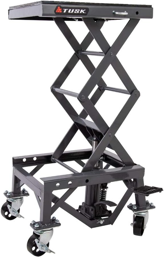 Tusk Scissor Lift Stand – Adjustable 13.75–34″ Heavy-Duty Motorcycle Lift Stand with Casters & Rubber Top Pad – Supports Up to 300 lb for Dirt Bike, ATV & UTV Maintenance