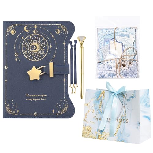 ELECTRO-WEIDEWORLD 鍵付きノート セット 日記帳 鍵付き 日記 B6 詰め替え可能 横罫 小学生 日記 鍵付き日記帳 ジャーナル diary PUレザー ラッピング袋付き 小学生 秘密 交換日記 プレゼント 誕生日 文房具 (星空ブルー)