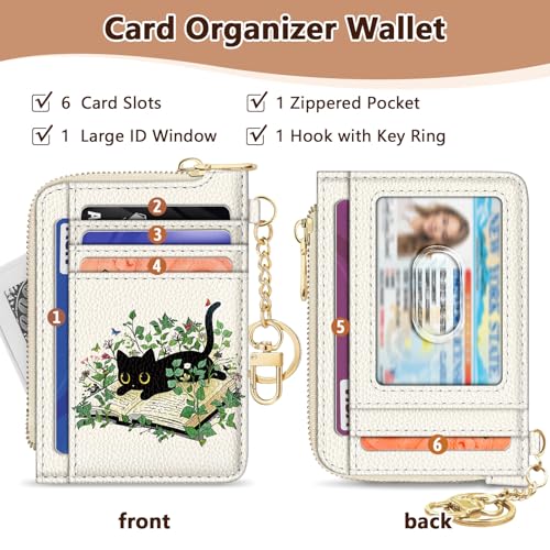 Image of GIANCOMICS Slim Wallet Credit Card Holder Women, Black Cat Rfid Blocking Small Card Case, Keychain Thin Pocket Curved Zipper Wallet, Travel Card Holder PU Leather ID Window, Ladies Female Gifts