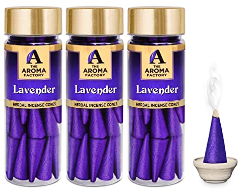Image of The Aroma Factory Incense Dhoop Cone, Lavender (100% Herbal & 0% Charcoal) 3 Bottles x 30 Cones