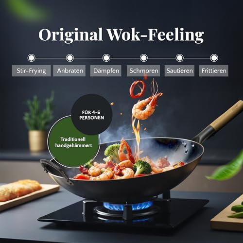 Foto von pasoli handgehämmerter Wok + gratis Rezepte eBook - voreingebrannt - traditionelle Asiapfanne - Bratwok aus Carbonstahl - induktionsgeeignete Wokpfanne - Durchmesser 36 cm