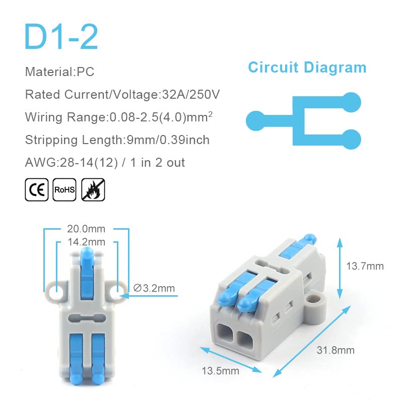 Quick Compact Conductor with Fixing Hole Splitter Splicing Wire Connector Push-in Cable Clamp Terminal Block 2/3/4/5 Port(D1-2BL)