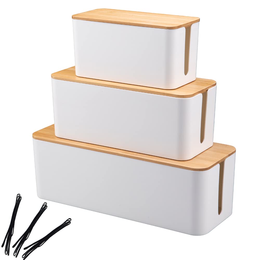 Organizador para Caja de gestión de Cables, Juego de 3 tamaños, Organizador de Cables de Madera, Organizador de Cables de Escritorio, para Cables de TV, Ordenador, router, hub USB