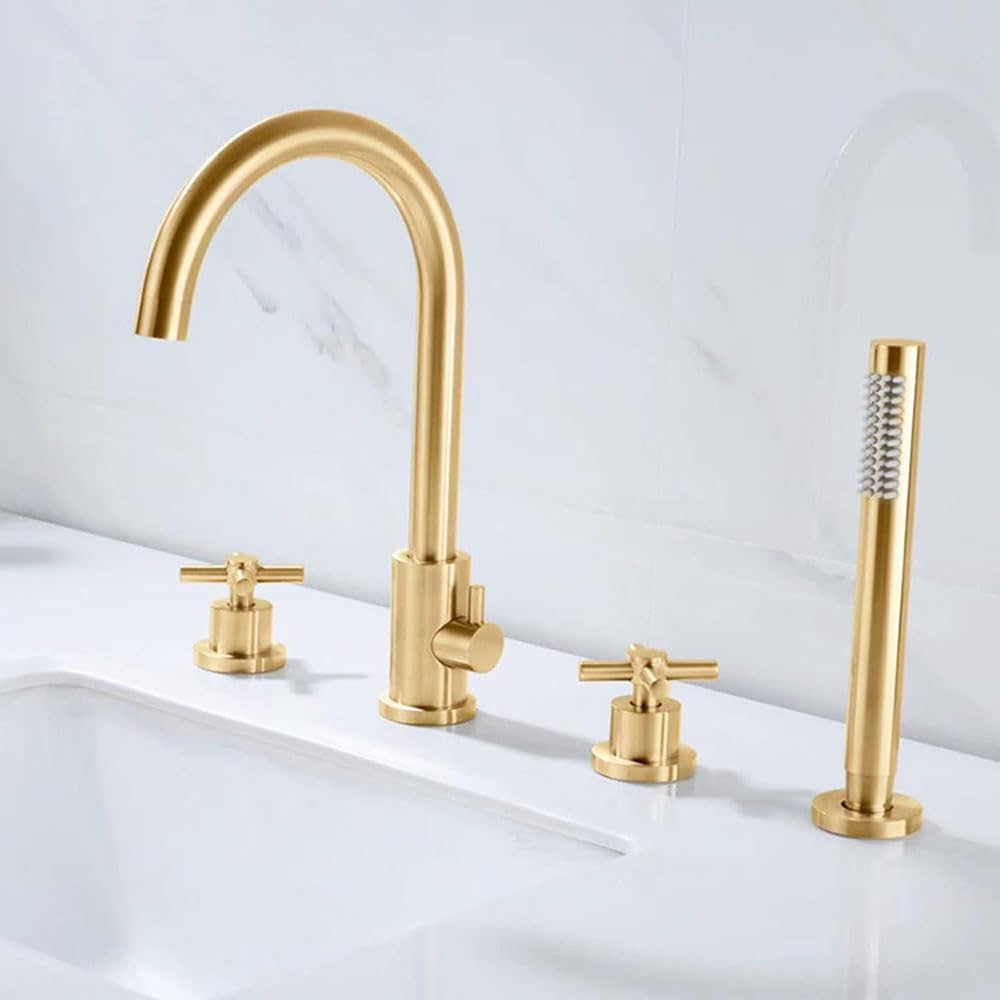 VECNUM Badewannenarmatur 4-Loch Wannenrandarmatur Wannenrand Badewanne Armatur Set, Gold