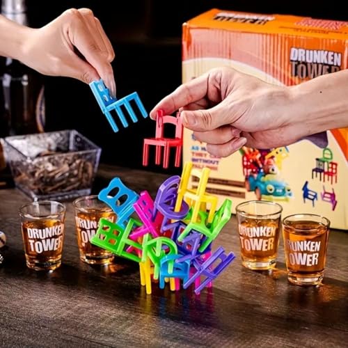 Image of Go Hooked Drunken Tower Stacking Chairs Game Set with 18 Mini Stools & 4 Shot Glasses - Fun Party Drinking Game for Adults, House Parties, Bars, College Nights & Festive Gatherings