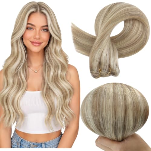 Full Shine 24 Inch Sew In Hair Extensions 105G Blonde Highlight Remy Weft