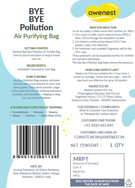 Image of Awenest Bye Bye Pollution Air Purifying Bag | Activated Charcoal Deodorizer for Car, Baby Room, Wardrobe & Home | Removes Pollutants, Allergens, Humidity, Bad Odour | Premium, Odourless & Long-Lasting