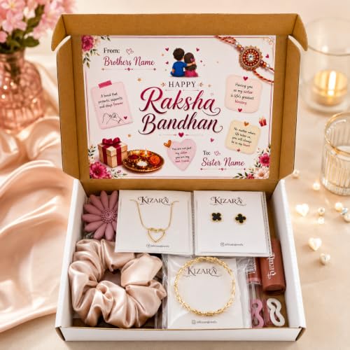 Image of Personalized Raksha Bandhan Gift Hamper for Sister with Name, 10 Items | Rakhi Gift Set with 5 Anti-Tarnish Jewellery Pieces, Hair Accessories, Lip Gloss and Keychain