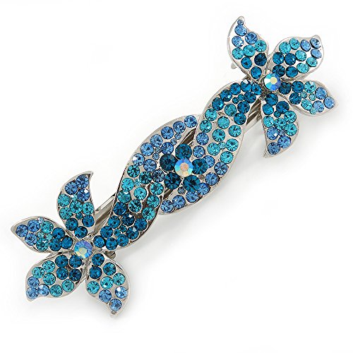 Bridal Wedding Prom Silver Tone Teal/Blue Diamante 'Double Flower' Barrette Hair Clip Grip - 90mm Across