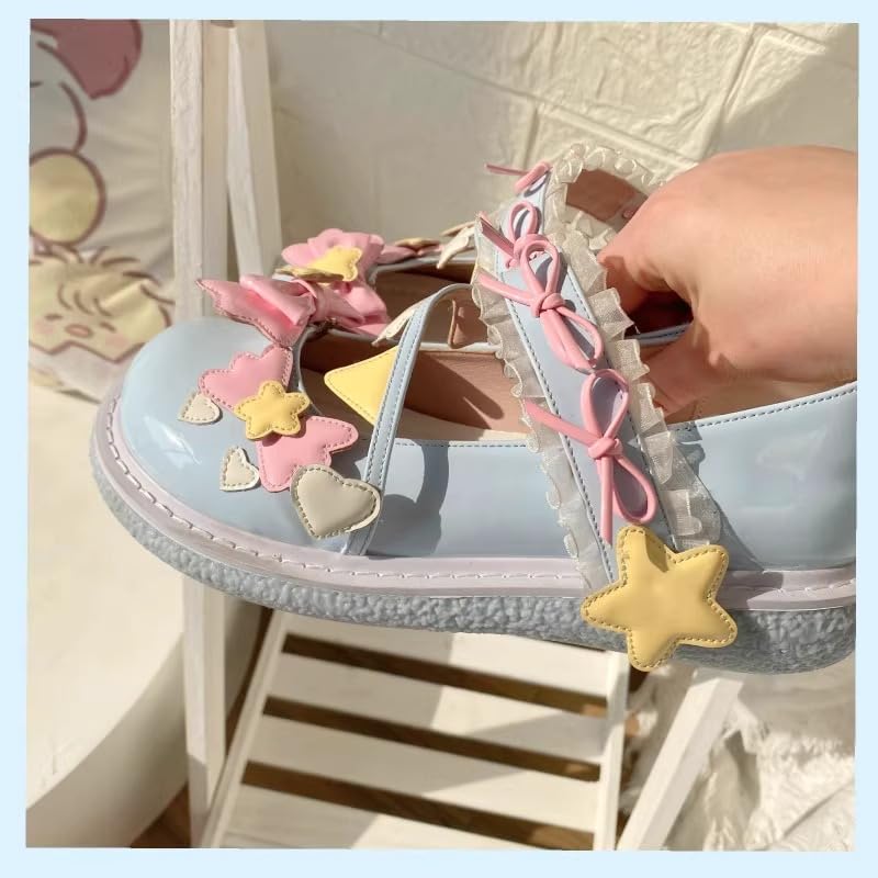 ZQW Women's Kawaii Lolita Mary Jane Shoes Bow Star Round Toe Flat Lace Trim Sweet Cute Ankle Strap for Cosplay Daily Wear Party Dressy Shoes3