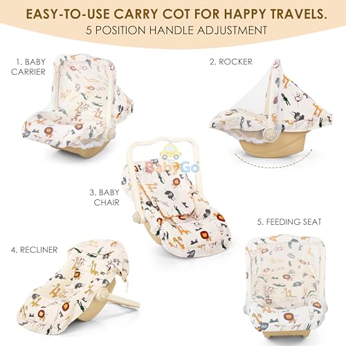 Image of BabyGo 5-in-1 Baby Carry Cot & Rocking Chair with Adjustable Handle, Safety Belt, Large Canopy, Anti-Mosquito Net & Washable Double Cushion Seat for Newborns & Infants - Beige