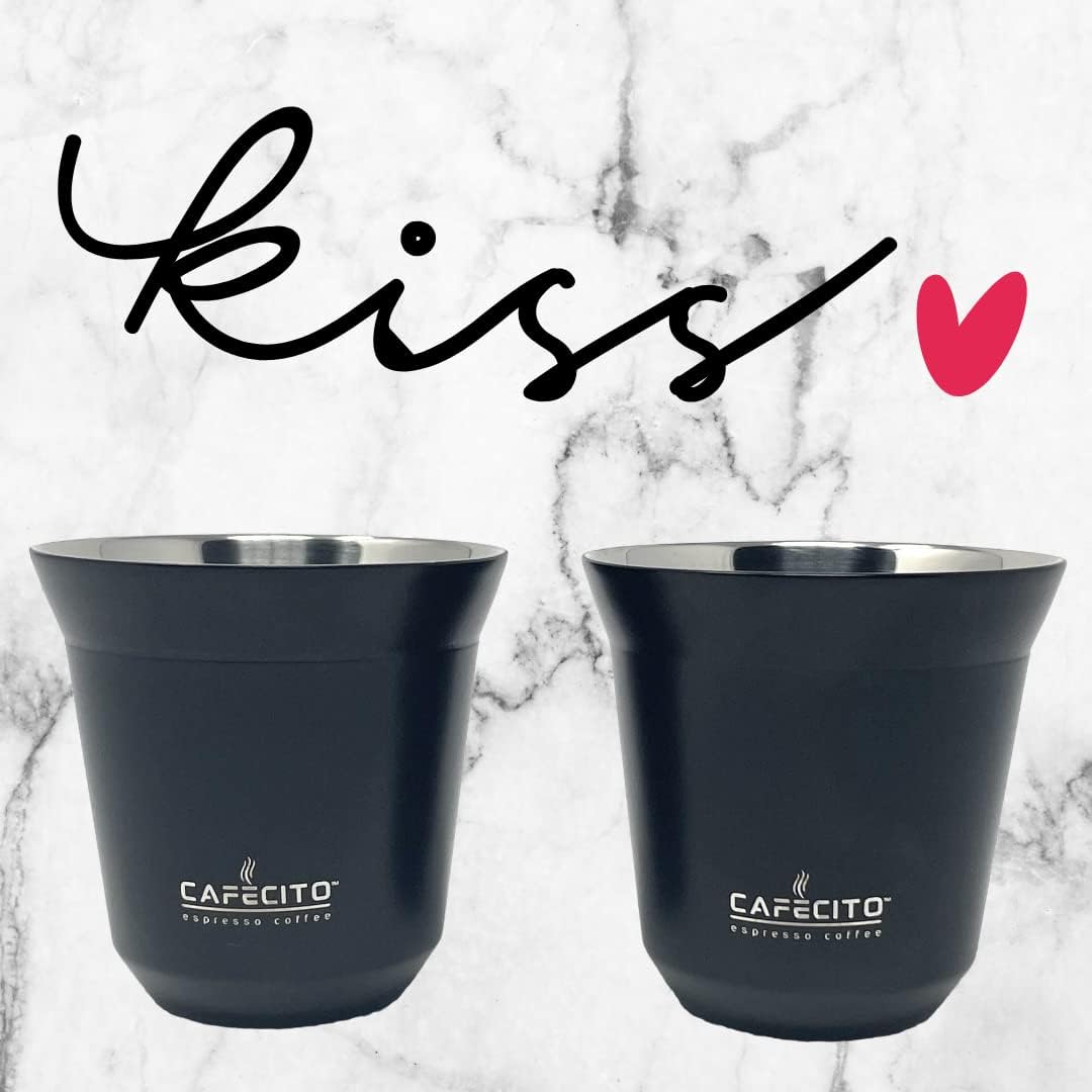 CAFECITO® Double Wall Stainless Steel Espresso Cups – Set of 2 – Matte Black Finish – Insulated Demitasse Cups for Espresso or Cafecito – Durable & Sleek Coffee Gift Set