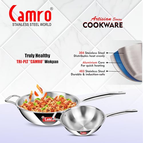 Image of Camro Triply Artisian Wok Pan 28 Cm, 5 Liters | Heavy-Duty Kadai for Noodles, Fried Rice Perfect Grip Traditional Chinese Cooking | Dishwasher Safe | 6 Years Warranty