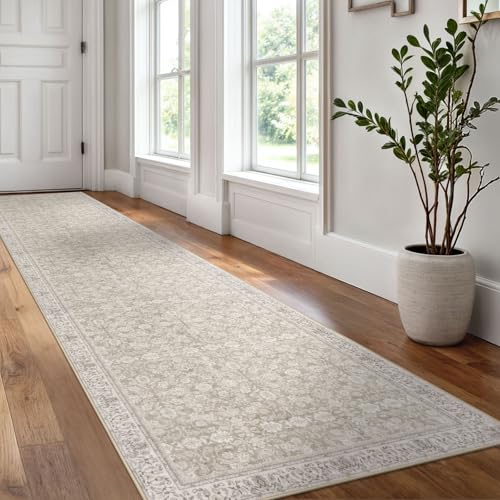 2.6x12 Cream Beige White Grey Washable Runner Rug for Kitchen, Soft Classic Runner with Non-Slip, Non-Shedding Distressed Floral Rug for Hallways Entryway Bedroom Laundry Indoor