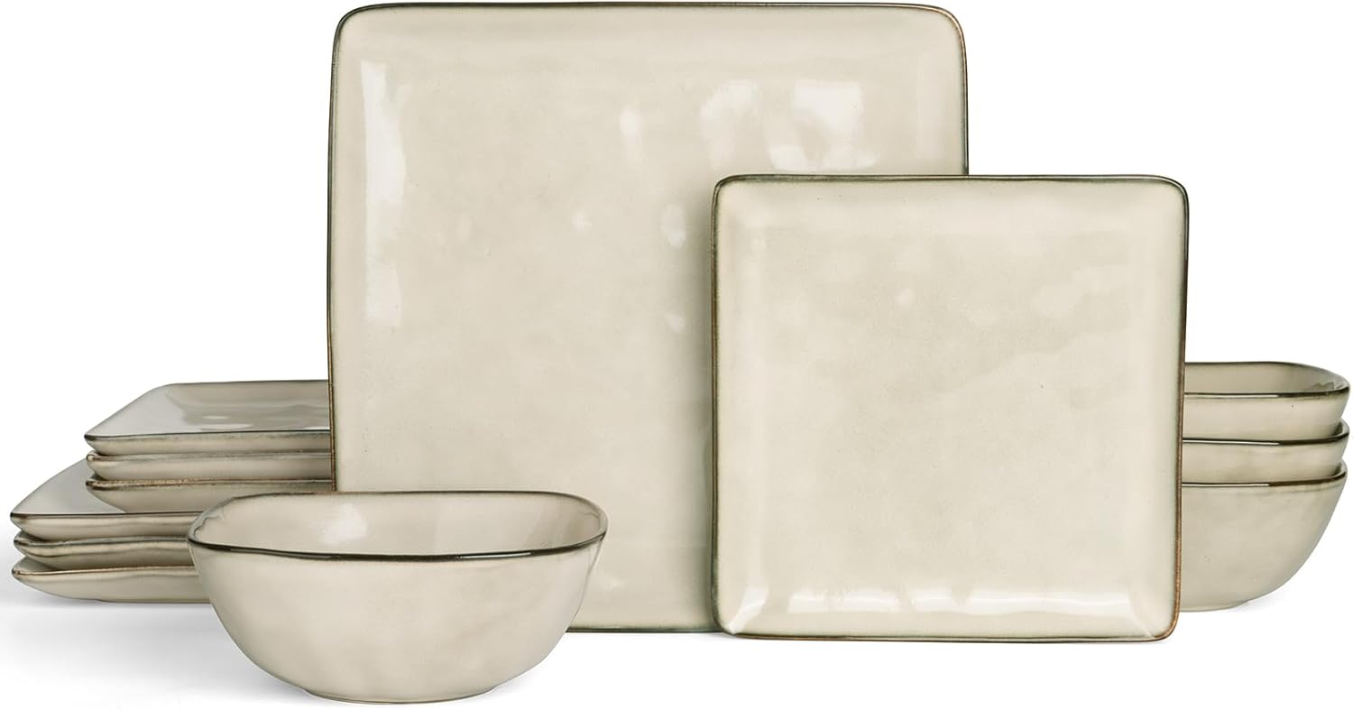 Famiware Dinnerware Sets for 4, Ocean Square 12-Piece Kitchen Plates and Bowls Sets, Reactive Glaze, Microwave and Dishwasher Safe, Scratch Resistant, Cappuccino White