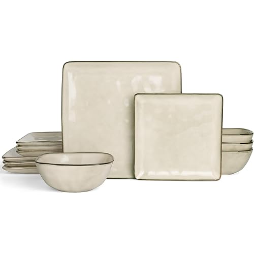 Famiware Dinnerware Sets for 4, Ocean Square 12-Piece Kitchen Plates and Bowls Sets, Microwave and Dishwasher Safe, Scratch Resistant, Light khaki