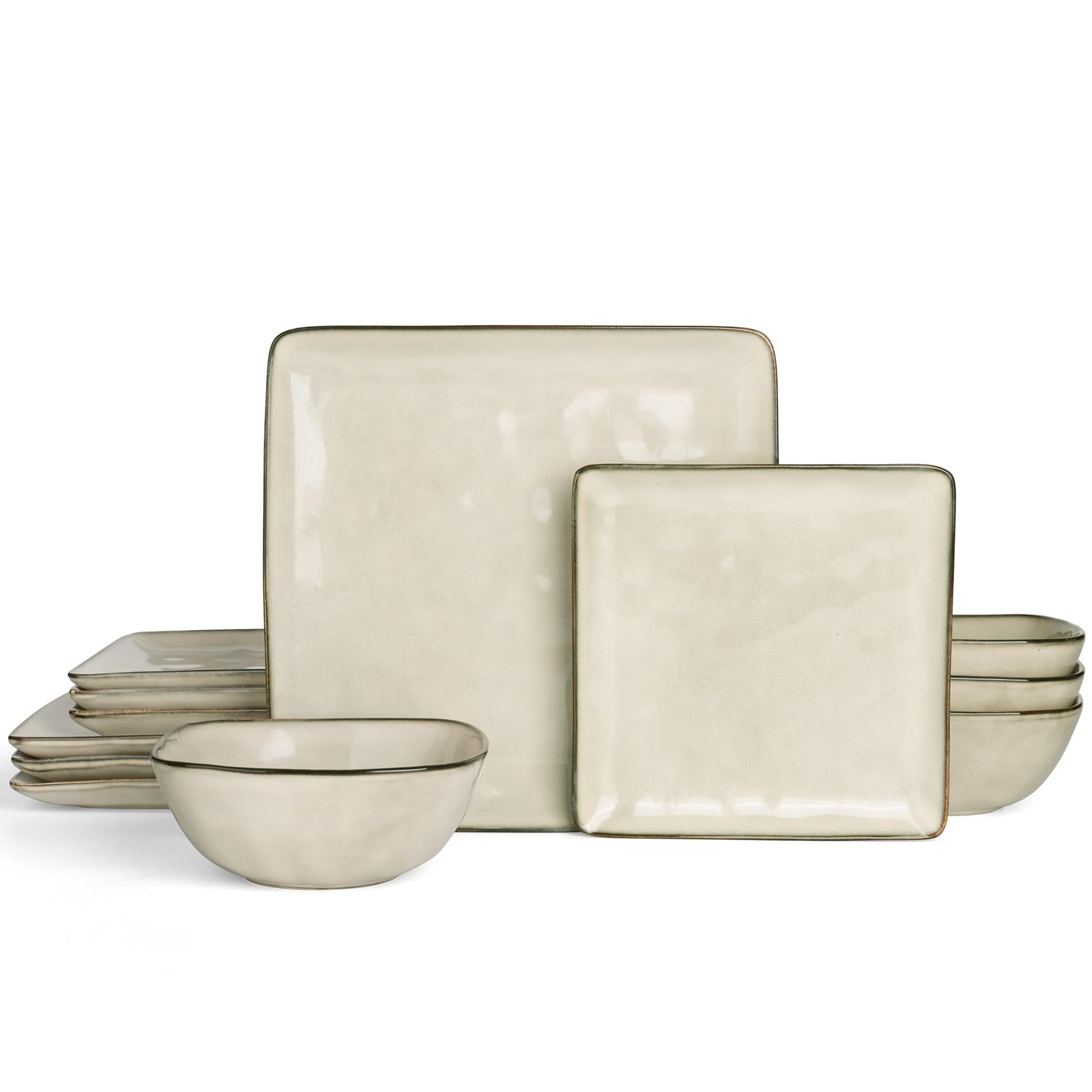 Famiware Dinnerware Sets for 4, Ocean Square 12-Piece Kitchen Plates and Bowls Sets, Microwave and Dishwasher Safe, Scratch Resistant, Light khaki