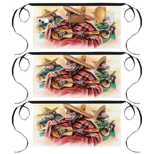 Demi-tablier avec 3 poches de rangement au motif singe mexicain original