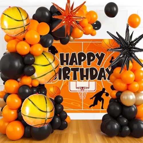 111pcs Basketball Party Decorations - Balloons Arch Backdrop Banner Tablecloth Cake Topper Explosion Starburst Basketball Shape Balloons for Kids Boy Birthday