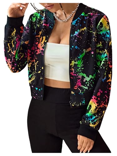 SweatyRocks Womens Splatter Print Zip Up Bomber Jackets Casual Long Sleeve Crop Sports Jacket Outwear Multicolor Medium