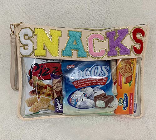 Image of Chenille Letter Clear Bag Purse Multi-purpose Transparent Waterproof Snacks Makeup Tote Bag with Wrist Strap
