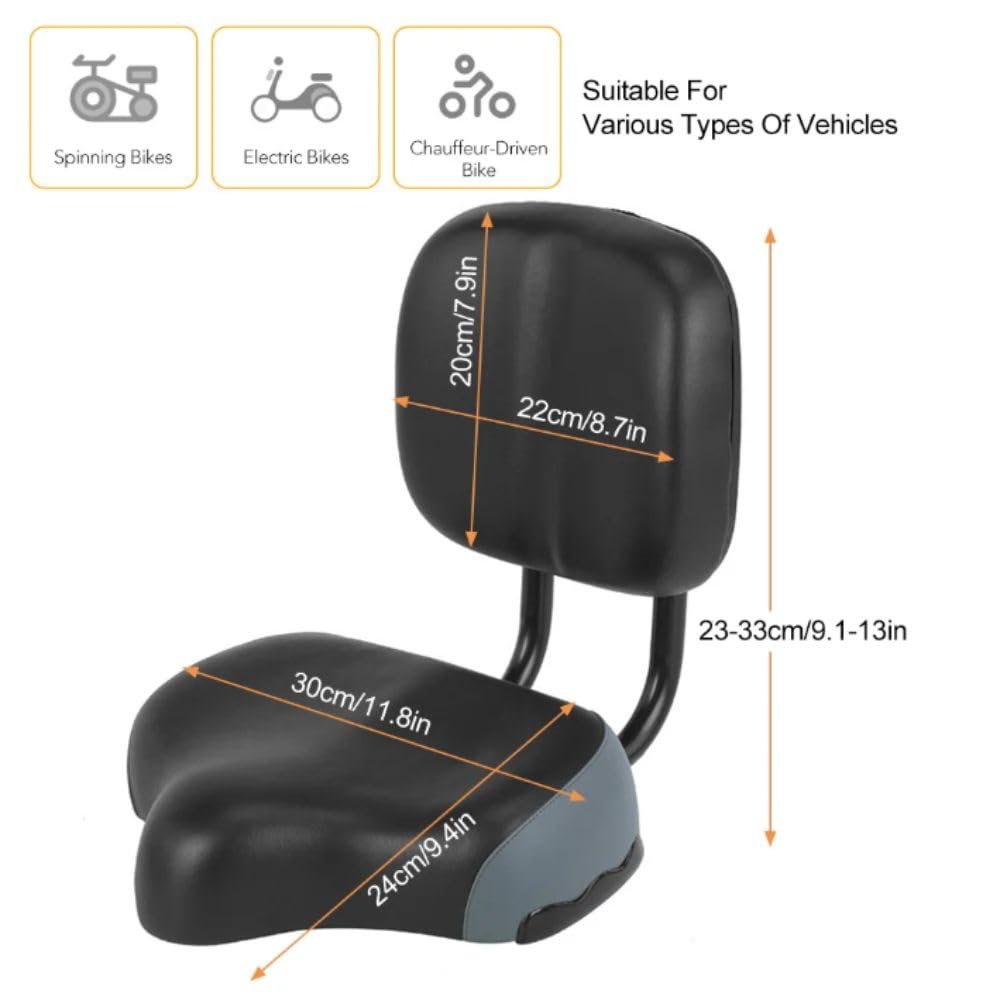 Fahrradsitz mit Rückenlehne, übergroßer bequemer ergonomischer Sattel für Männer und Frauen, höhenverstellbarer Sitz mit Rückenstütze für Dreirad, Mountainbike, E-Bike, Fitness