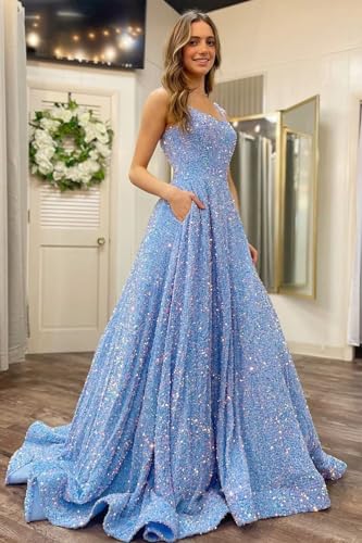 TRHTX Elegant Long Sleeve Sequin Prom Dresses with Slit V Neck Satin Formal Dresses with Pockets2