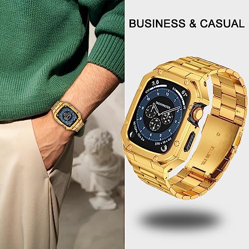 Image of BAITEYOU Stainless Steel Watch Band with Case Compatible with Apple Watch Series SE 3 2 1 /6 5 4 (44mm), Series 3 2 1 (42mm), Metal Protective Bumper Rugged Cover for iWatch Bands Men (Gold)