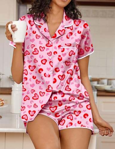 Image of Ekouaer Womens Satin Pajamas Set 2 piece Silky Buttton Down Short Pjs | Silk Notch Collar Top and Soft Shorts Lounge Set for Sleep, Daily Wear, Home, Wedding, Party