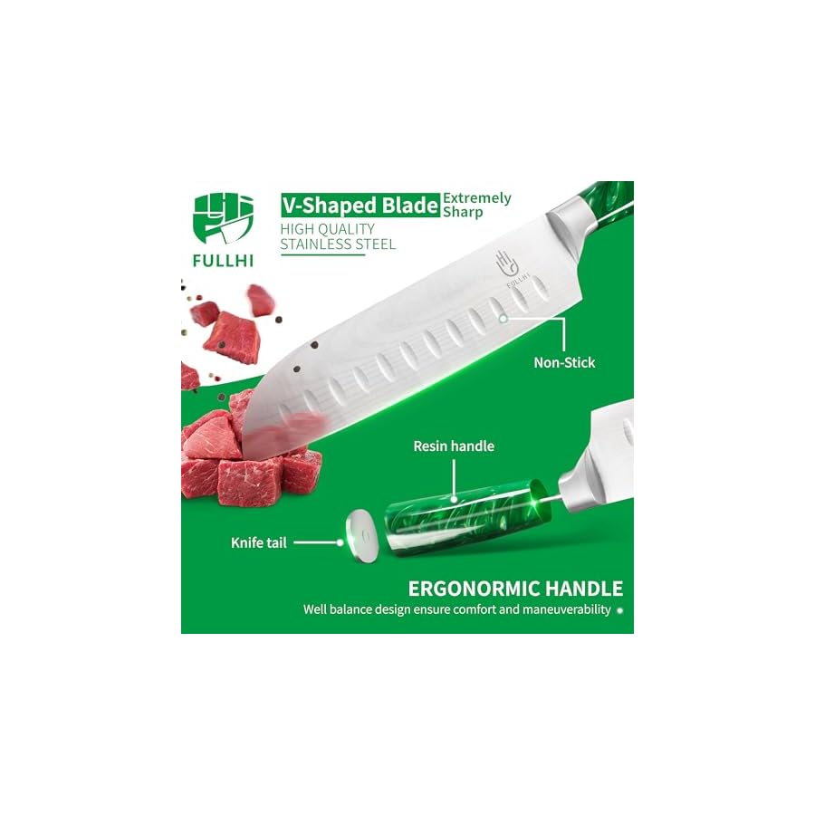 FULLHI 15pcs Japanese Knife Set with Magnetic Knife Block Holder, Japan Stainless Steel Blades, Green Resin Ergonomic Handles for Professional and Home Cooking