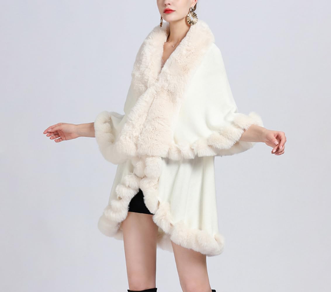 Damen Winter Umhang Mantel Elegant Kunstpelzkragen Warm Poncho Cape Komfortabel Schal Plüsch Strickjacke