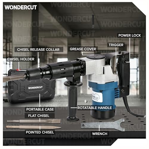 Image of WONDERCUT WC-DHP-005-B Demolition Hammer with 35mm Cylinder, 100% Copper, 15J Force | 1200 Watts, 3600 BPM with 2Pcs 17mm Hex Chisels,Spanner & BMC Box | Concrete & Masonry Breaker |Blue & Black