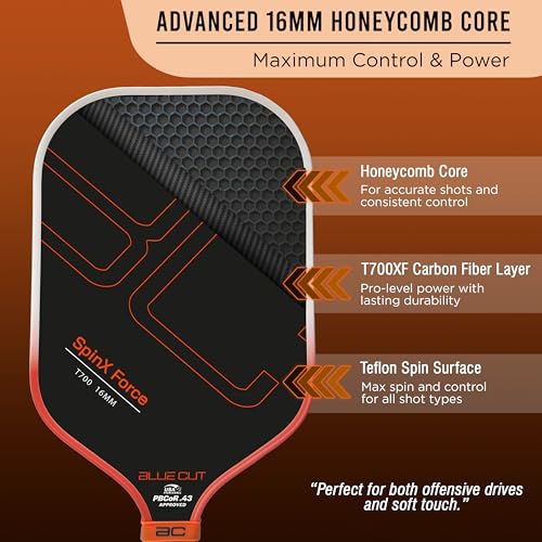 Blue Cut Pickleball Paddle – USAPA Approved Pickleball Paddles Racket with T700 Carbon Fiber, 16mm Honeycomb Core, Spin Surface, Pro Power Speed & Control – Includes Carry Bag - image 2