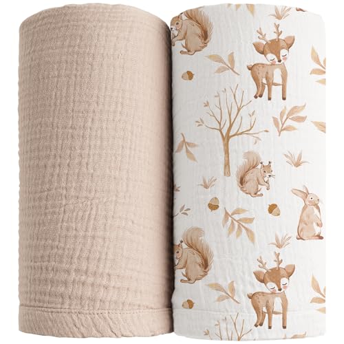 Image of Konssy 2 Pack Muslin Swaddle Blankets, 100% Cotton Receiving Blanket Large 47 x 47 inches for Baby Boys Girls, Soft Breathable Muslin Baby Blanket for Newborn (Fall Forest,Wheat)
