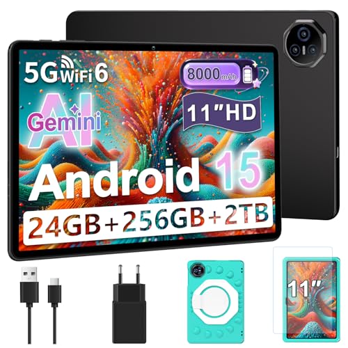 Tablet Android 15, 11 Pollici Tablet per Bambini, 24 GB+256 GB/2 TB, Octa-Core, Gemini AI/Widevine L1, 8000 mAh, 13 MP+5 MP, Tablet PC Grandi Dimensioni con Custodia Protettiva in Silicone EVA-Grigio