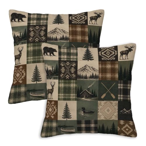 Firmiso Earth Tone Cabin Throw Pillow Covers 18x18 Set of 2｜Rustic Lodge Decorative Cushion Covers for Couch Sofa Bed｜Woodland Patchwork Moose Bear Pillow Cases｜Mountain Lake House Decor
