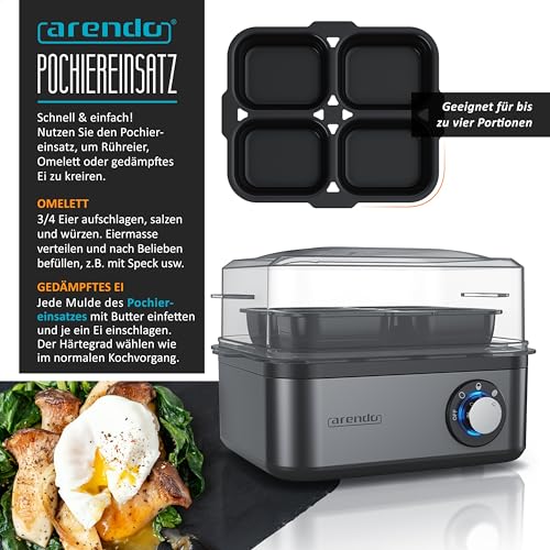 Foto von Arendo - Eierkocher Edelstahl für 1 bis 8 Eier - Egg Cooker - 500 W – Kontroll Leuchte – Drehregler für drei Härtegrade - spülmaschinengeeignet | Cool Grey