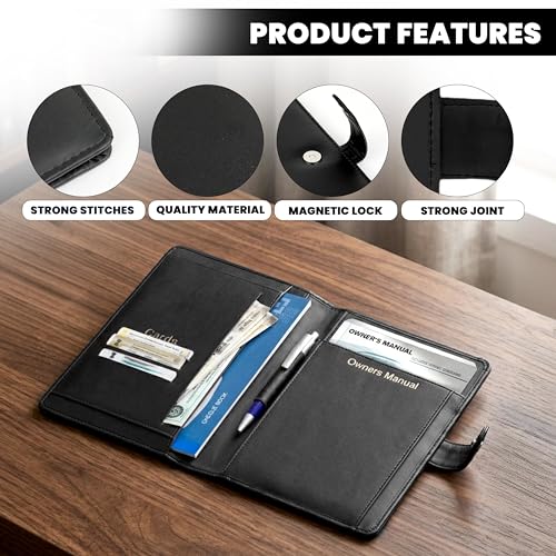 Image of Storite Car Document Holder Owner Manual, Durable PU Leather Vehicle Registration & Insurance Insurance Card, Driving Licence, RC Book Organizer with Multiple Pockets (Black)