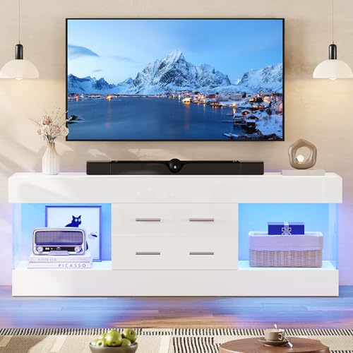 Image of Bestier Modern TV Stand for 65 Inch TV, White Entertainment Center | High Gloss White Finish, Stone Pattern Panels, LED Lights, 2 Large Storage Drawer, Living Room Media Console